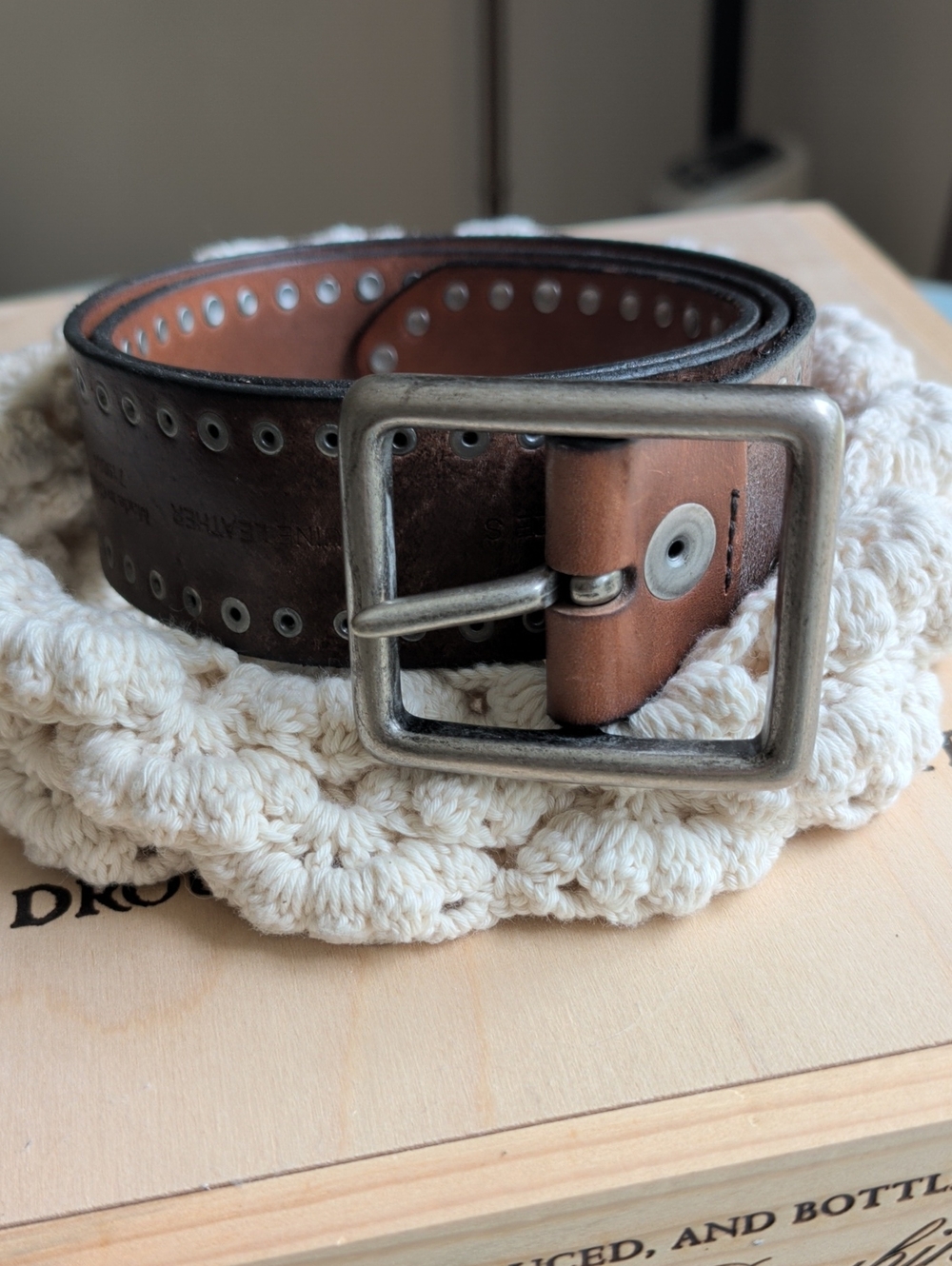 Brown Leather Grommet Belt with Brushed Metal Buckle